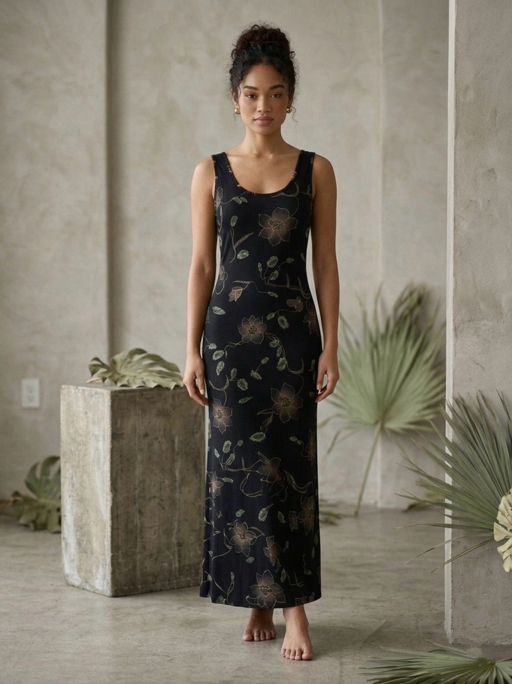 RM Richards Vintage 90s Sleeveless Black Floral Maxi Dress Size Extra Large